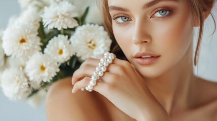 A luxury pearl bracelet on a model wrist, complemented by a silk dress and a delicate bouquet of white flowers.