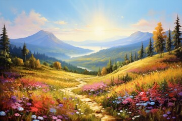 Canvas Print - Sunny meadow landscape wilderness sunlight outdoors.