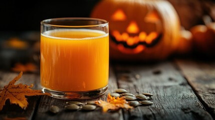 Sticker - A glass of orange drink beside a carved pumpkin and autumn leaves on a rustic table.