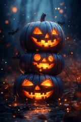 Three glowing jack-o'-lanterns stacked in a spooky forest setting with bats flying in the background.