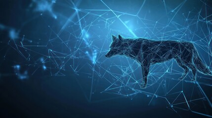 Sticker - A digital representation of a wolf, created with a network of glowing lines and nodes.