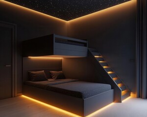 Wall Mural - A modern kids' bedroom with a dark gray bunk bed, glowing LED lights under the steps, and a galaxy-themed ceiling light, 3D rendering, Cool and futuristic