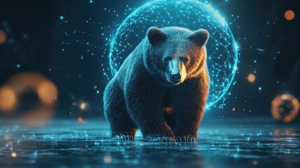 A bear stands in a futuristic environment with a glowing digital aura.