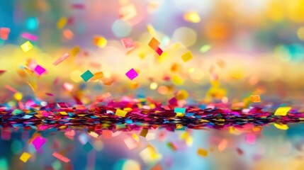 Wall Mural - Colorful confetti floating in a vibrant, blurred background, creating a festive atmosphere.