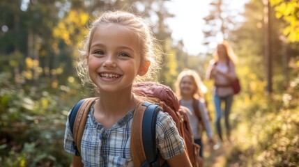 A young girl is smiling and walking with her friends in a forest