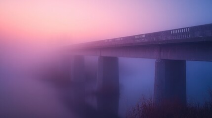 A misty bridge at dawn, shrouded in fog, creating a serene and mysterious atmosphere.