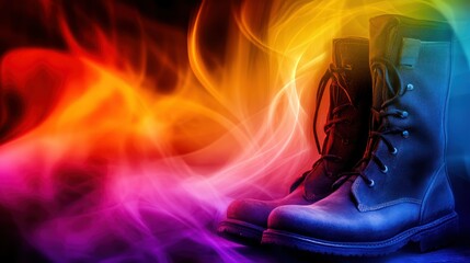 Wall Mural - A pair of black boots against a colorful, swirling background.