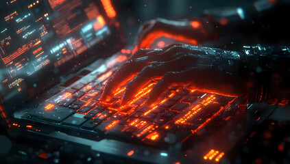 Poster - Futuristic close-up of a cybernetic hand typing on a glowing laptop keyboard, illustrating advanced technology and digital interaction.