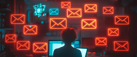 Poster - Person sits in front of a computer, surrounded by glowing email icons, representing digital communication and online connectivity.