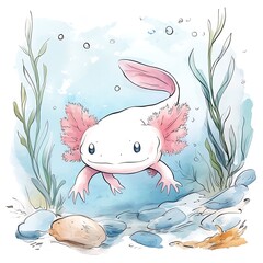 Canvas Print - Cute Axolotl Watercolor Illustration.