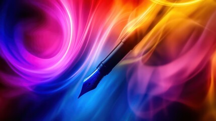 Wall Mural - A vibrant fountain pen tip surrounded by colorful swirls, symbolizing creativity and writing.