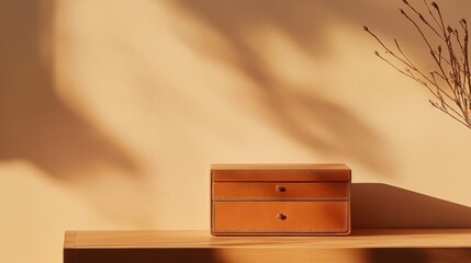 Wall Mural - A minimalist scene featuring a small leather box on a wooden surface with soft shadows.