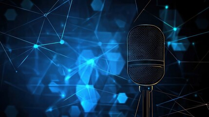 Sticker - A microphone against a blue abstract background with connected lines and shapes.