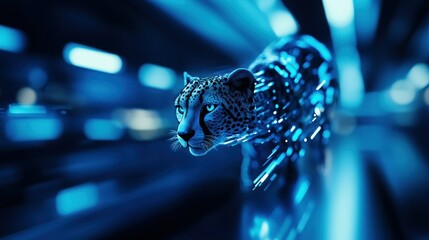 Sticker - A futuristic, glowing leopard running through a dynamic blue environment.