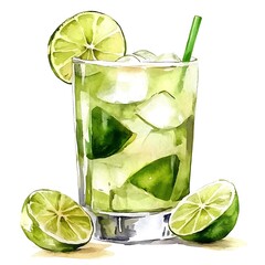 Sticker - Watercolor Illustration of a Refreshing Lime Cocktail with Ice and a Straw.