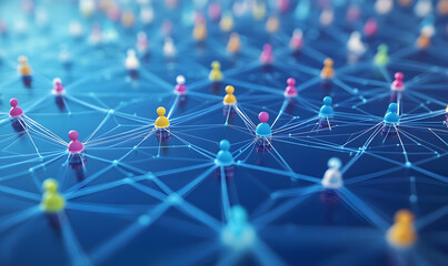 Poster - A vibrant digital network of colorful people icons interconnected, representing collaboration, communication, and community.