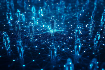 Poster - A digital landscape depicting interconnected human figures represented by glowing silhouettes in a futuristic network.