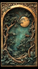 Wall Mural - Rainforest in Art Nouveau style with elegant curves, flowing forms, and ornate detailing of trees, vines, and exotic creatures.