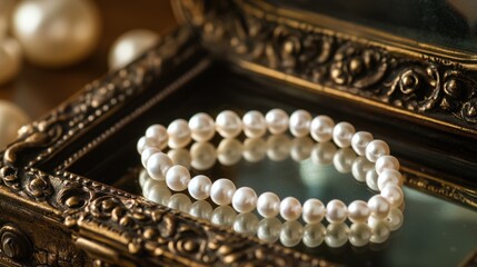 A strand of white pearls delicately draped across a vintage jewelry box, with an antique mirror reflecting the scene.