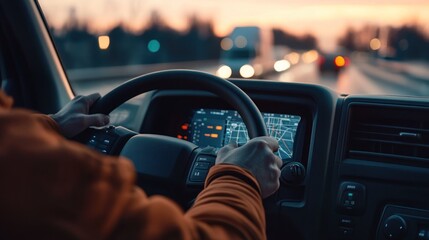 Poster - A driver navigating a road with a digital display in a vehicle during sunset.