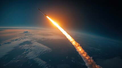 Wall Mural - a rocket launches into space, leaving a trail of smoke against the backdrop of earth.