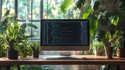 Poster - A serene workspace featuring a computer screen displaying code, surrounded by lush greenery, inspiring creativity and focus.