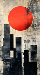 Poster - A striking abstract artwork featuring a bold red sun over black geometric structures, creating a dramatic contrast.