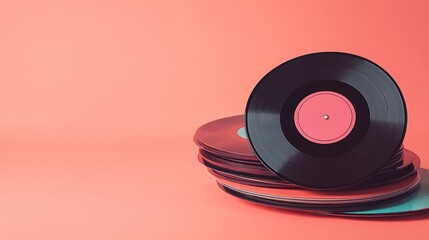 Canvas Print - A stack of vinyl records against a pink background, showcasing the retro music medium.