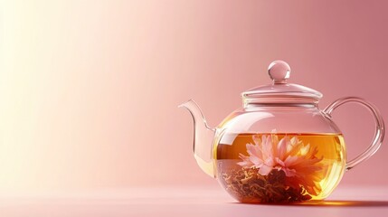 Wall Mural - A glass teapot with blooming flower tea against a soft pink background.