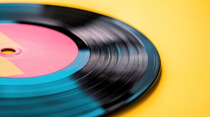 Canvas Print - A close-up of a colorful vinyl record against a bright yellow background.