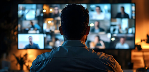 A professional man attends a virtual meeting, engaging with multiple participants displayed on a large screen in a modern workspace.