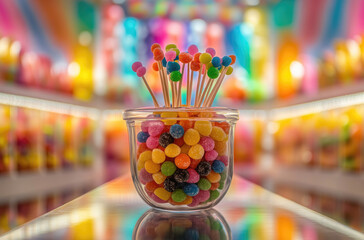 Translucent Container with Jellybeans and a Small Scoop for a Colorful and Fun Candy Display