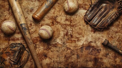 A vintage-themed baseball wallpaper with retro gloves, bats, and weathered leather baseballs, ideal for sports fans seeking classic, nostalgic designs.