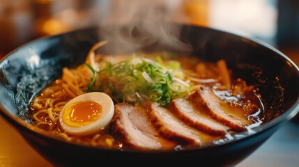 Wall Mural - A steaming bowl of ramen with sliced pork, egg, and green onions, inviting for a meal.