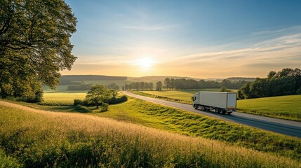 Poster - Scenic landscape with a truck on a road during sunrise amidst fields and trees.