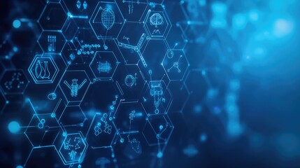 Abstract background featuring medical symbols, scientific tools, and technology elements for healthcare innovation and research.