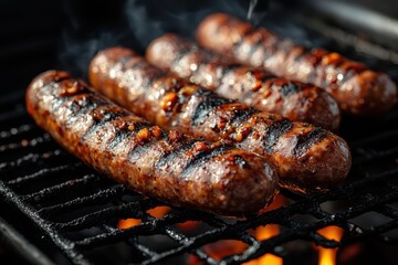 sizzling array of gourmet sausages on a flaming barbecue grill closeup of juicy meats with perfect grill marks smoke rising capturing the essence of summer cookouts