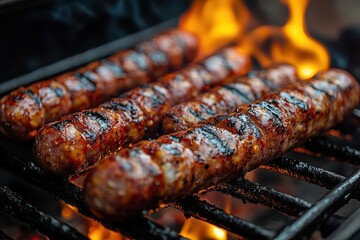 sizzling array of gourmet sausages on a flaming barbecue grill closeup of juicy meats with perfect grill marks smoke rising capturing the essence of summer cookouts