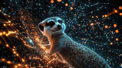 A stylized meerkat against a backdrop of glowing connections and particles.