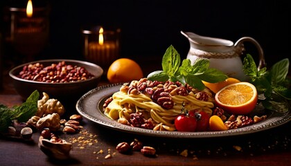 A delectable serving of pasta garnished with pecans, fresh basil, and tomatoes, artfully arranged with citrus fruits and nuts on a rustic plate. Candlelight adds a warm, cozy ambiance to the setting