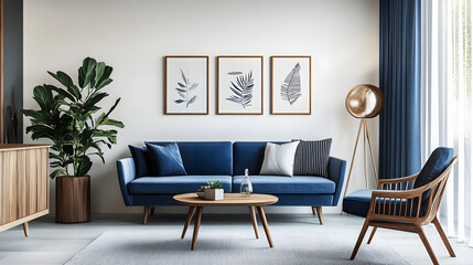 Wall Mural - Modern interior with blue sofa, curtains. Armchair and table. Posters on white wall. Wooden accessories. Home decor. 