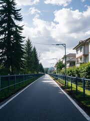 Canvas Print - A paved road lined with trees and houses leads to a distant forest.