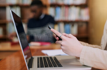 Poster - Smartphone, library and hands of woman with laptop at university for education, communication or online chat. Computer, phone and college student on mobile app for study schedule, research or project
