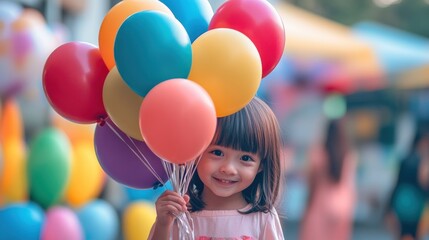 Wall Mural - A cheerful child holding colorful balloons at a festive outdoor event.