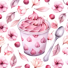 Whimsical Pink Dessert in Floral Watercolor Style with Copy Space