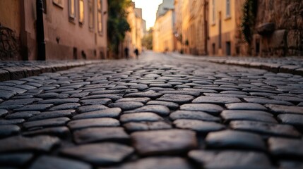 Wall Mural - A cobblestone street at sunset, showcasing quaint architecture and a serene atmosphere.