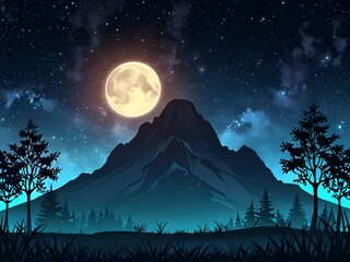 Wall Mural - Nighttime Mountain Landscape with Full Moon