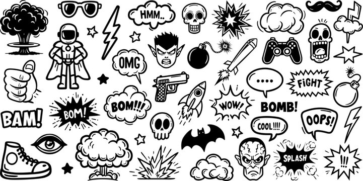  Set of hand drawn elements doodle comics isolated on white background. Speech bubbles with the words bom, boom, fight, splash, omg, bomb