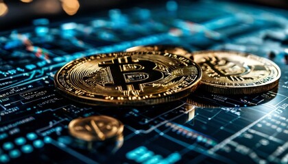 Close-up of golden Bitcoin coins placed on a digital financial chart. The coins reflect the intricate details of cryptocurrency technology against a backdrop of electronic data.. AI Generation