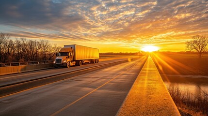 A truck travels on a bridge at sunrise, casting long shadows in a tranquil landscape.